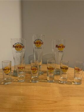 Three Hard Rock Cafe Pilsner Beer Glasses Six Tall Shot Glasses